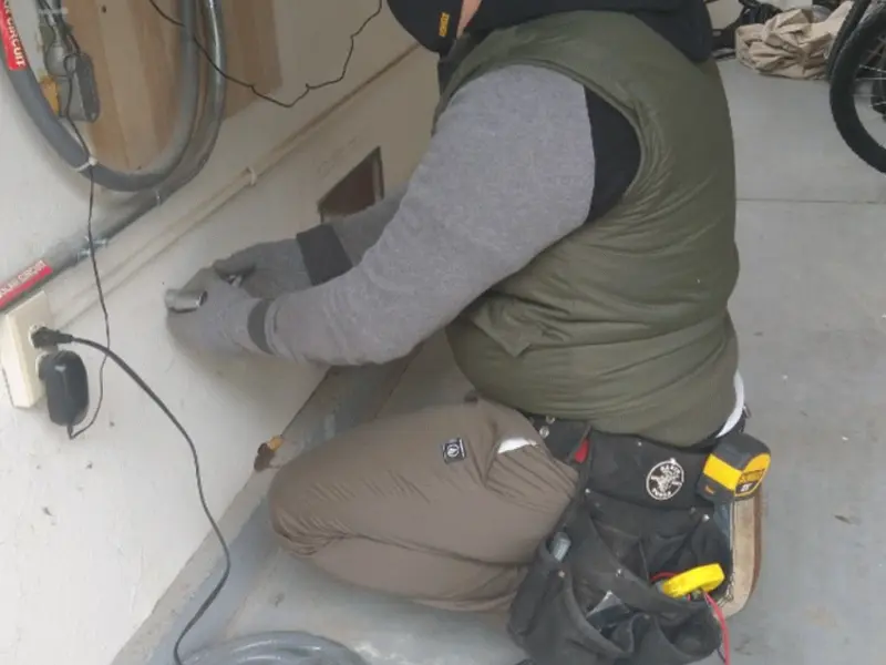 Electrician performing outlet wiring in a Buckhead garage